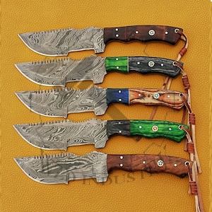 5 PCs Set, Handmade Forged Damascus Hunting Survival Tracker Knife, Wood Handle, Full Tang, Size 10.5", Leather Sheath Camping, Outdoor
