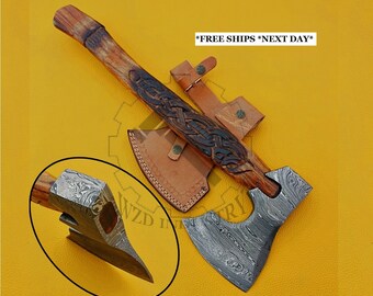 Damascus Viking Axe, Handmade Forged Damascus Steel Axe With Leather Sheath, Engraved Wood Handle, Hatchet Tomahawk Axe, Size 21" Inches