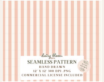 May include: A seamless pattern with alternating pink and white vertical stripes. The pattern is 12 inches by 12 inches and has a resolution of 300 DPI. The text "daisy bloom PRESS" and "SEAMLESS PATTERN" is at the top of the image. The text "HAND DRAWN" is in a circle at the bottom right of the image. The text "12' X 12' 300 DPI.PNG" and "COMMERCIAL LICENSE INCLUDED" is at the bottom of the image.