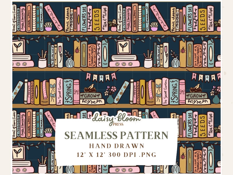 Spring Bookshelf Seamless Pattern PNG Hand Drawn Bookish Design Instant ...