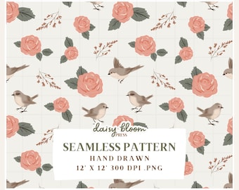 Sömlöst mönster med vårfåglar och blommiga blommor, vintage-stil, Cottagecore-rosor, digitalt papper, nyckfull tapet, scrapbooking, direktnedladdning, sublimering, PNG
