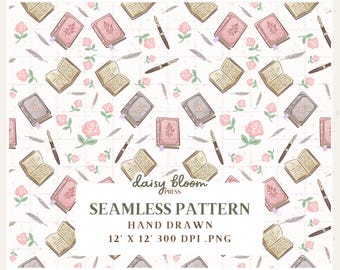 Regency Inspired Seamless Pattern PNG Hand Drawn Bookish Print for Digital Papers Scrapbook Junk Journal Page Sublimation Files 300 DPI
