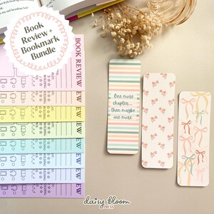 May include: A collection of colorful bookmarks and book review tabs. The bookmarks feature striped patterns, floral designs, and bow illustrations. The book review tabs are in various pastel colors with text. The text on one bookmark reads "One more chapter... then maybe one more."