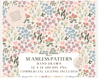 May include: A seamless floral pattern with a cream backdrop, adorned with pink, peach, blue, and purple flowers, green leaves, and pink hearts. The design includes text that reads "Seamless Pattern" and "Commercial License Included". The pattern is 12 x 12 inches.