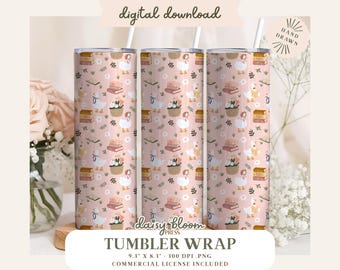 Bookish Geese Tumbler Wrap 20oz Skinny Tumbler Goose Design with Books Florals Bows Spring Cozy Cottagecore for Sublimation or UV DTF PNG