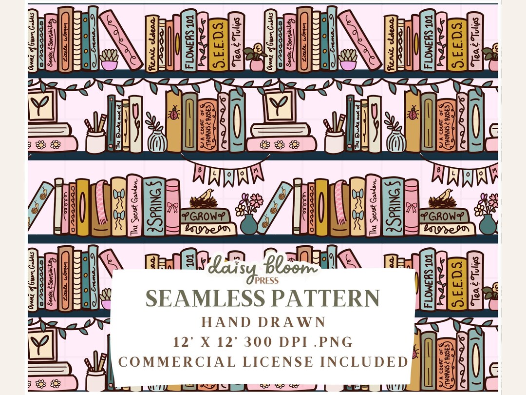 Spring Bookshelf Seamless Pattern PNG Hand Drawn Pink Bookish Instant ...