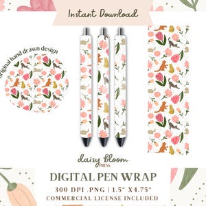 May include: Digital pen wrap featuring a repeating pattern of pink flowers, green leaves, and orange cats. The design is 1.5 inches by 4.75 inches and 300 DPI.