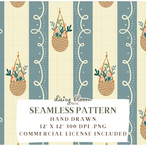 May include: A seamless pattern featuring hanging flower pots with pink flowers and green leaves on a light blue and cream striped background. The pattern is 12 inches by 12 inches and 300 DPI. A commercial license is included.