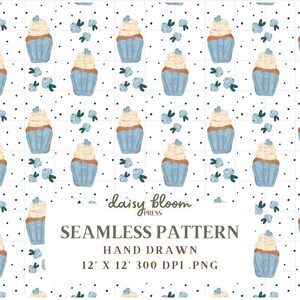 Blueberry Cupcakes Seamless Watercolor Pattern Digital Download for Fabric Stationery Crafts and DIY Projects Scrapbook Sublimation Files