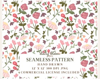 May include: A seamless floral pattern with hand-drawn flowers in pink, red, and peach, with green leaves, on a white background. The design includes roses, daisies, and other floral elements. The image text reads "SEAMLESS PATTERN HAND DRAWN 12' X 12' 300 DPI .PNG COMMERCIAL LICENSE INCLUDED".