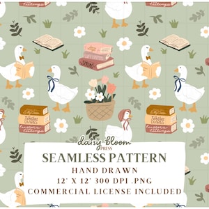 Bookish Goose Seamless Pattern PNG Spring Goose with Books Florals and Bows Cozy Cottagecore Design for Sublimation 300 DPI Digital Paper
