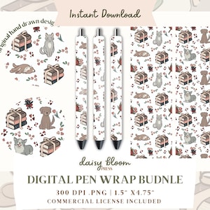Könnte beinhalten: Digitales Stift-Verpackungs-Bundle mit weißem Hintergrund und einem sich wiederholenden Muster aus Katzen, Hunden und Bücherstapeln. Das Muster ist in Rosatönen, Braun- und Grautönen gehalten. Der Text "daisy bloom PRESS" befindet sich am unteren Rand des Bildes. Der Text "DIGITAL PEN WRAP BUDNLE" ist in großen Buchstaben am unteren Rand des Bildes. Der Text "300 DPI.PNG 1.5" X4.75" COMMERCIAL LICENSE INCLUDED" ist in kleineren Buchstaben unter dem großen Text.