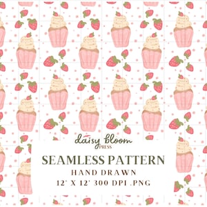 Strawberry Cupcakes Seamless Watercolor Pattern Digital Download for Fabric Stationery Crafts and DIY Projects Scrapbook Sublimation Files