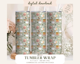 Bookish Geese Tumbler Wrap 20oz Skinny Tumbler Goose Design with Books Florals Bows Spring Cozy Cottagecore for Sublimation or UV DTF PNG