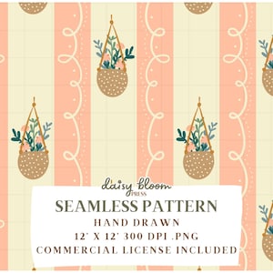 May include: A seamless pattern featuring pink and cream vertical stripes with white swirls and hanging flower pots with pink flowers. The text "daisy bloom PRESS" and "SEAMLESS PATTERN" is at the bottom of the image. The text "HAND DRAWN" is below the pattern name. The text "12' X 12' 300 DPI.PNG" is below the "HAND DRAWN" text. The text "COMMERCIAL LICENSE INCLUDED" is at the bottom of the image.