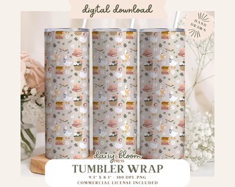 Bookish Geese Tumbler Wrap 20oz Skinny Tumbler Goose Design with Books Florals Bows Spring Cozy Cottagecore for Sublimation or UV DTF PNG