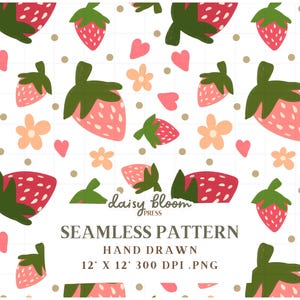Strawberry Seamless Pattern Cute Spring Fruit Pattern Cottagecore Strawberry Print Commercial Use PNG Design Sublimation File Digital Paper