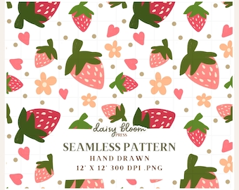 Strawberry Seamless Pattern Cute Spring Fruit Pattern Cottagecore Strawberry Print Commercial Use PNG Design Sublimation File Digital Paper