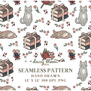 May include: A seamless pattern featuring a repeating design of cats, books, and flowers. The cats are gray and white, the books are brown and blue, and the flowers are pink, red, and green. The pattern is set on a white background.