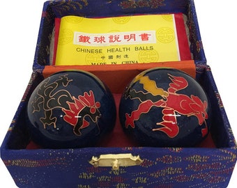 Blue 45mm Health Baoding Balls Enamel Dragon Phoenix