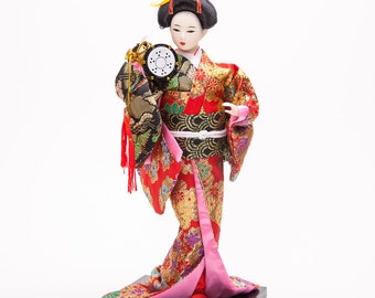 Japanese Geisha Black Kimono and Obi Sash on a Wooden Base Lucky Charm Figurine Vintage Souvenir Doll from Japan