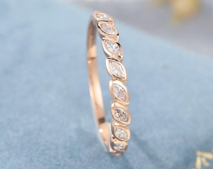 Marquise Cut Bezel Setting CZ Diamond 14K Yellow Gold Wedding Engagement Band Halloween Gift Christmas Gift Forever One Gift For Her
