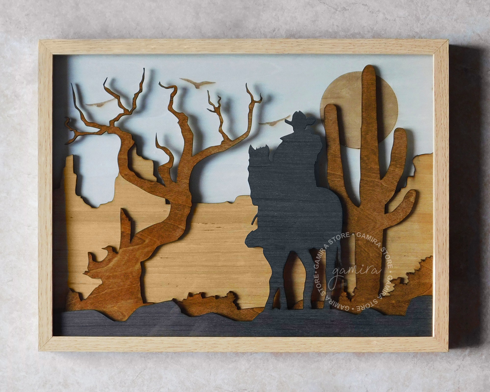 Western Desert Wall Art Wood Landscape Decor Cowboy Riding Etsy