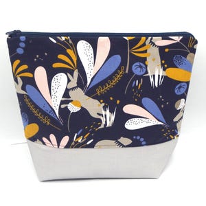 Pochette bleu marine simili gris métallisé, Trousse, Fourre tout en coton à fond large, doublée avec fermeture éclair pour homme ou femme