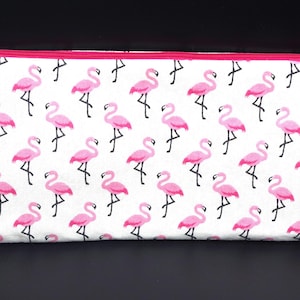 Pochette plate, trousse en coton rose pour femme,  doublée avec fermeture éclair.