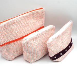 Pochette pour accessoires, Trousse de toilette, Fourre tout en tweed orange à fond large