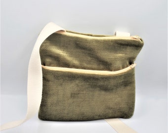 Velvet shoulder strap pouch for men or women with zipped outer pocket