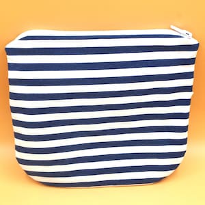 Pochette plate rayée bleu et blanc, Trousse, Fourre tout en coton, doublée avec fermeture éclair pour homme ou femme