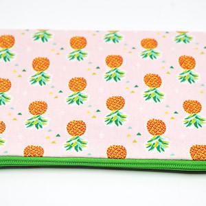 Pochette plate rose motif ananas, Trousse, Fourre tout en coton, doublée avec fermeture éclair pour femme,