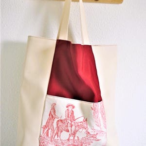 Tote bag in imitation leather and toile de Jouy cotton