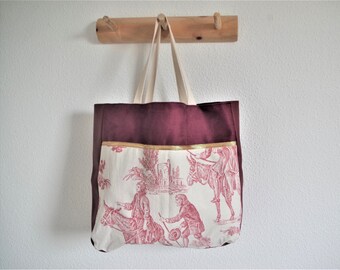 BAG tote any tote bag in red toile de Jouy, suede and imitation red