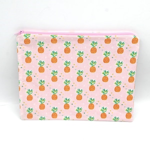 Pochette plate rose motif ananas, Trousse, Fourre tout en coton, doublée avec fermeture éclair pour femme