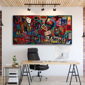 May include: Abstract art painting with a colourful, geometric design. The painting features a variety of shapes, lines, and colours, including red, blue, green, yellow, and black. The painting is framed and hanging on a white wall in a modern office setting.