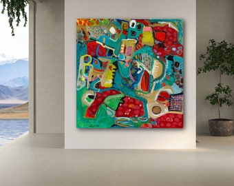 May include: Abstract painting with a vibrant mix of colors. The artwork features a teal background with red, yellow, and gold shapes. The painting is displayed on a white wall in a modern interior setting.
