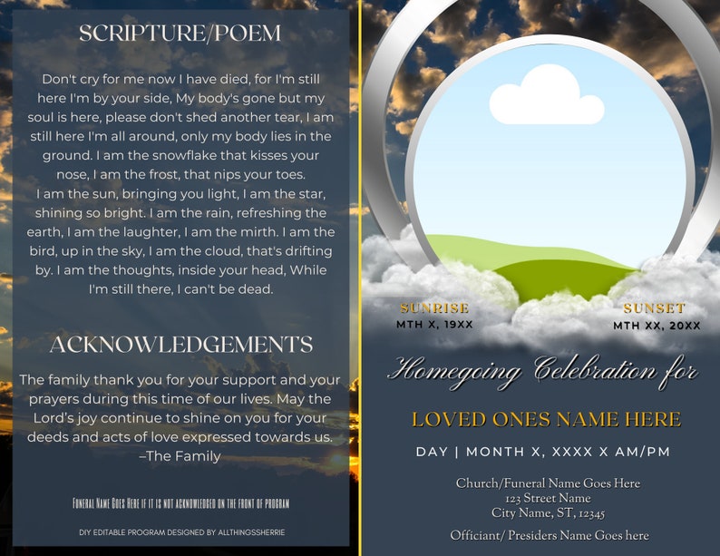DIY Funeral Program Template, Obituary, Celebration of Life, Memorial
