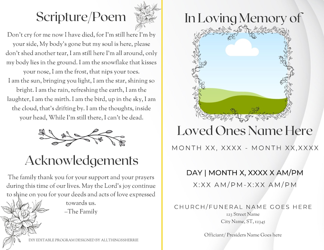 DIY Funeral Program Template, Obituary, Celebration of Life, Memorial
