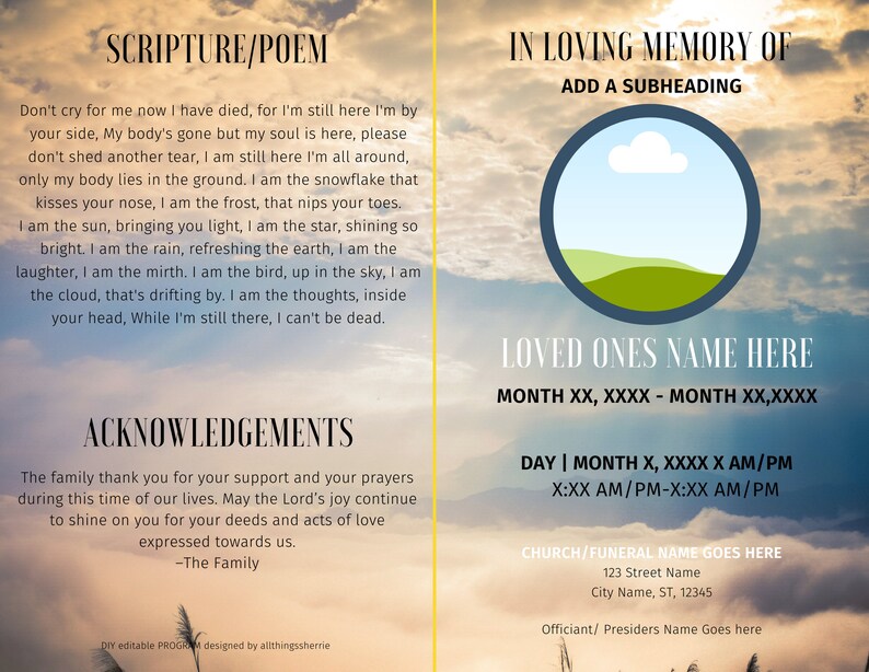 DIY Funeral Program Template, Obituary, Celebration of Life, Memorial