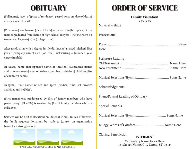 DIY Funeral Program Template, Obituary, Celebration of Life, Memorial