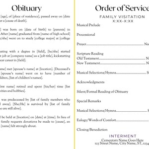 May include: Black and white funeral program with the title "Obituary" and "Order of Service". The program includes information about the deceased, such as their name, age, and date of death. It also includes details about the funeral service, including the date, time, and location.