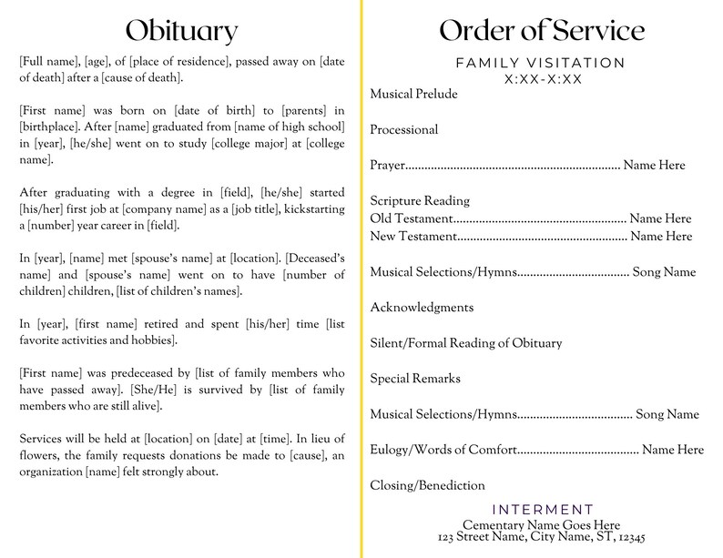 May include: Black and white funeral program with the title "Obituary" and "Order of Service". The program includes information about the deceased, such as their name, age, and date of death. It also includes details about the funeral service, including the date, time, and location.