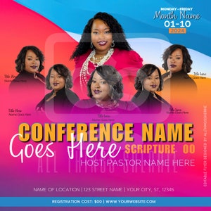 Puede incluir: Un folleto para una conferencia titulada "CONFERENCE NAME Goes Here" con la escritura "SCRIPTURE 00". El folleto presenta un fondo rosa y azul con un collage de fotos de mujeres. El texto "HOST PASTOR NAME HERE" también está incluido. El folleto incluye la fecha "01-10 2024" y la ubicación "NAME OF LOCATION | 123 STREET NAME | YOUR CITY, ST, 12345". El costo de registro es de 0 € y el sitio web es WWW.YOURWEBSITE.COM.