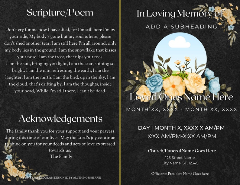 DIY Funeral Program Template, Obituary, Celebration of Life, Memorial