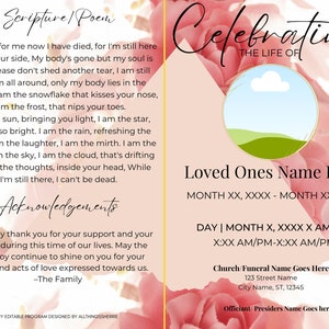 DIY Funeral Program Template, Obituary, Celebration of Life, Memorial Programs, Memorial Service