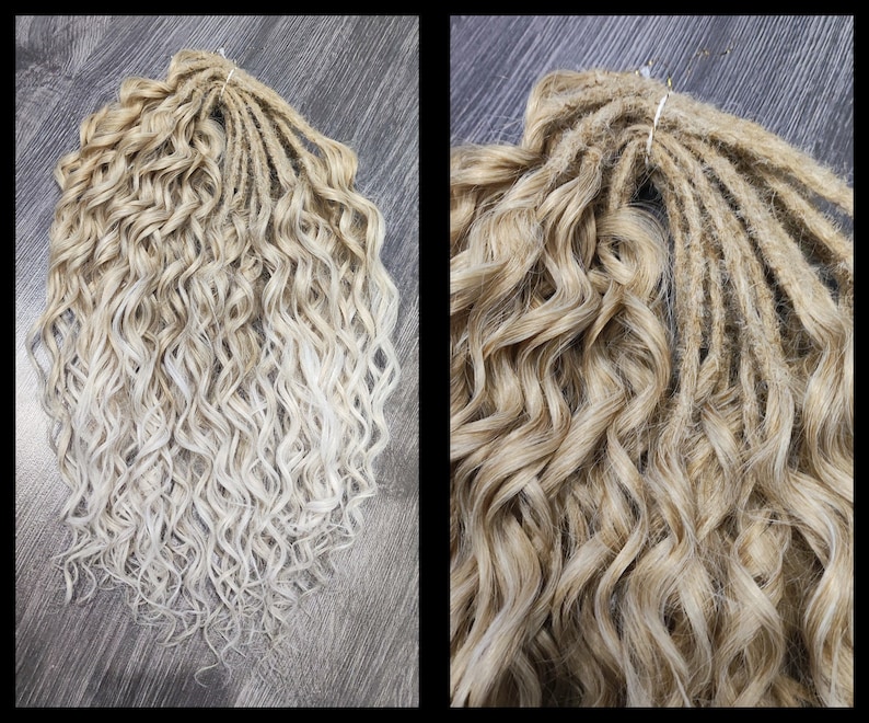 May include: A set of blonde and white ombre curly synthetic dreadlocks. The dreadlocks are tied together at the top.
