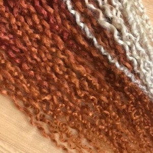 May include: A bundle of curly hair extensions in shades of brown, orange, and white. The hair is arranged in a gradient from dark brown to light blonde.