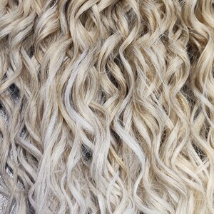 May include: A bundle of blonde and light blonde curly synthetic dreadlocks. The dreadlocks are tied together with a white string.